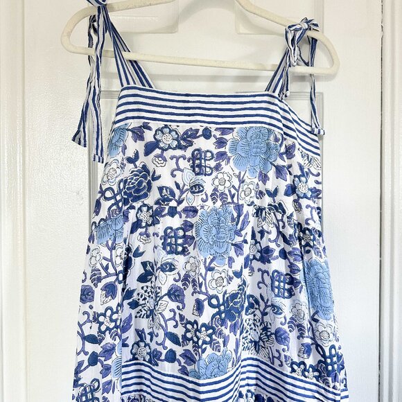 Madison Mathews Maxi Tier Print Dress - Blue White Floral and Stripes - Size L - Picture 3 of 4